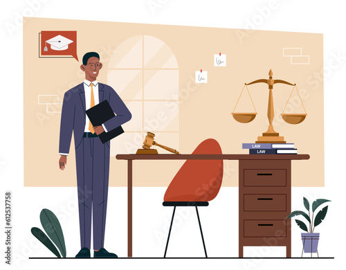 Lawyer in courthouse concept. Man in suit next to judges hammer. Legal support of company in court. Laws and jurisprudence. Protection of business interests. Cartoon flat vector illustration