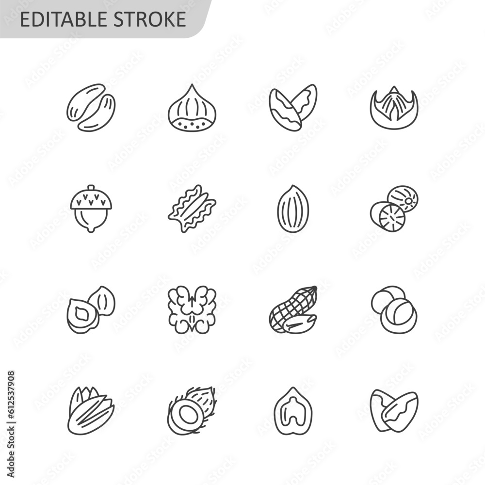Nut flat line icon collection. Hazelnut, pecan, almond, chestnut, pistachio, walnut, peanut isolated set. Editable stroke. Vector illustration.. Nut flat line icon collection. Hazelnut, pecan, almond, chestnut, pistachio, walnut, peanut isolated set. Editable stroke. Vector illustration..