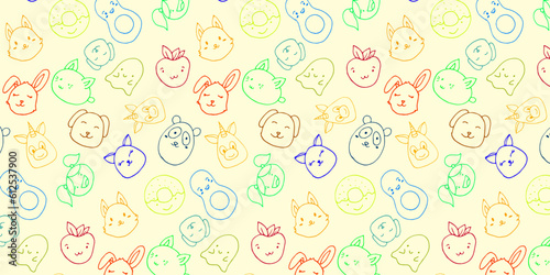 Cartoon Cute Characters Vector Hand Drawn Pattern