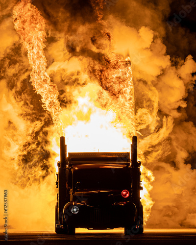 An explosive jet truck at night.
