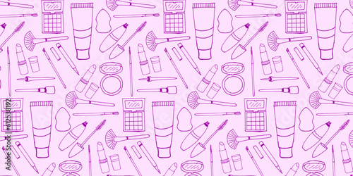 Purple Make Up Tools Hand Drawn Vector Hand Drawn Pattern