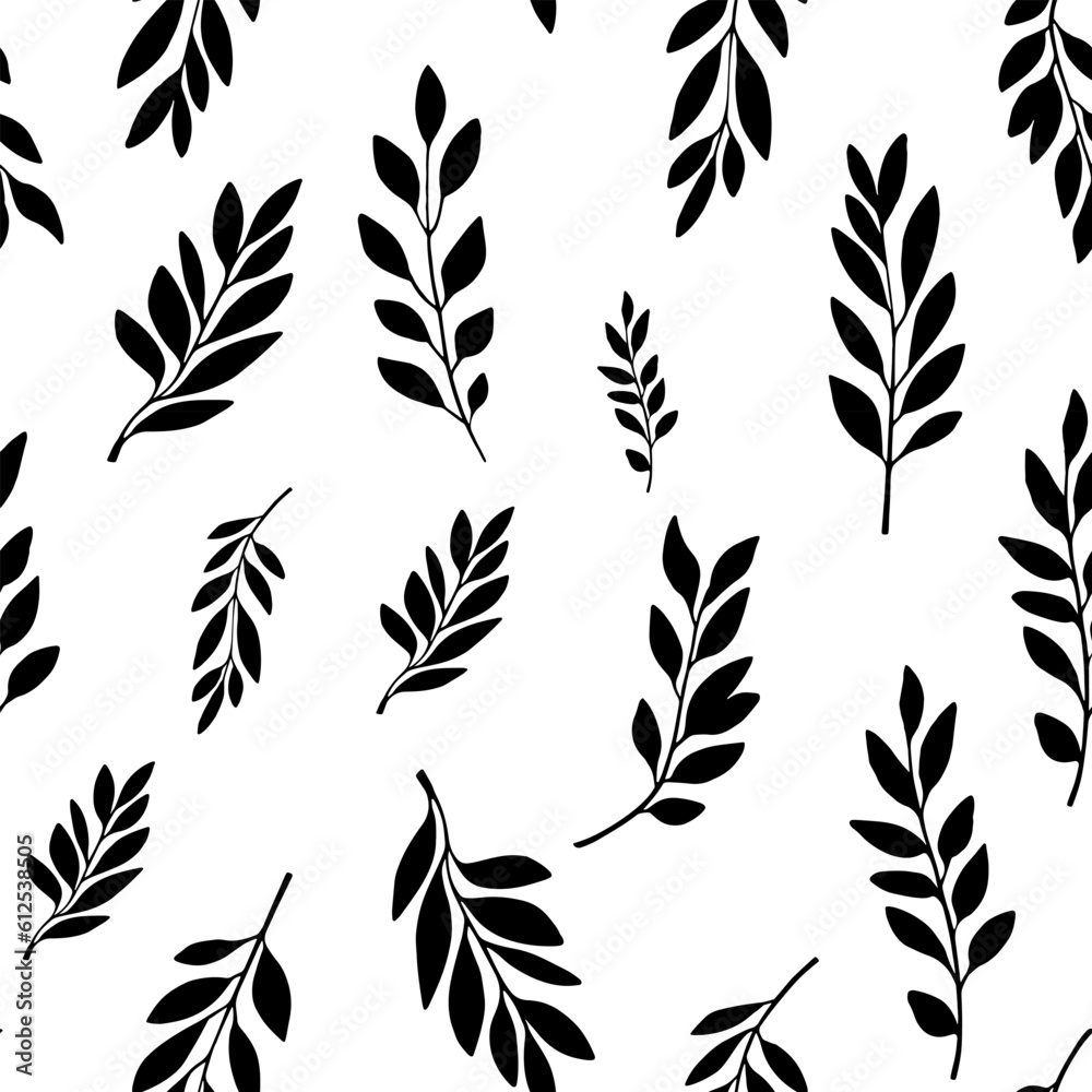 Naklejka premium Tropical leaves seamless black and white floral pattern. Hand drawn vector floral background. Sketchy laurel leaves . Abstract summer background. Vector illustration. Design for men s shirts, swimwear