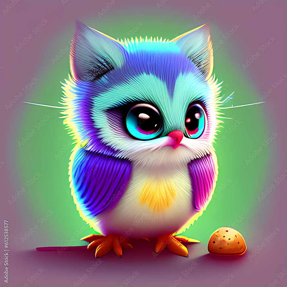 Fototapeta premium Cute and fantasy owl stands in the style cartoon animation 3D style Illustration