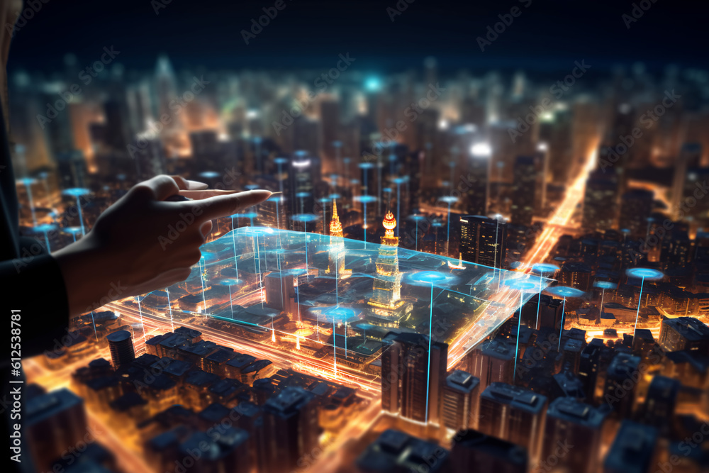 Artificial intelligence looking at smart city, AI control city infrastructure, data traffic, ensure safety. World communication concept, generative ai Artificial intelligence looking at smart city, AI control city infrastructure, data traffic, ensure safety. World communication concept, generative ai