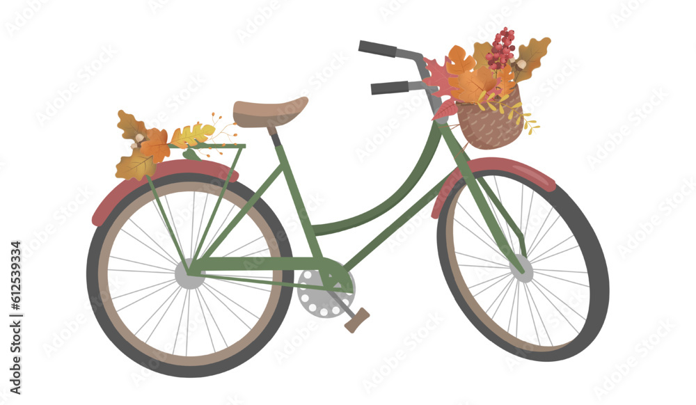 Retro bicycle with autumn leaves in floral basket and leaves on trunk. Color bike isolated on white background.