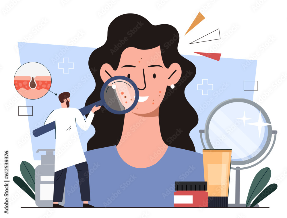 Doctor treats acne in woman concept. Man with magnifying glass examines face of young girl. Beauty treatments and facials cleaning. Skin diseases, dermatology. Cartoon flat vector illustration
