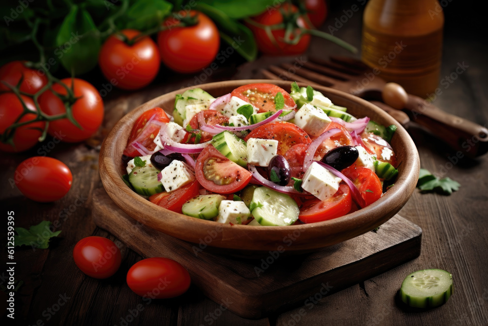  Greek salad with feta cheese, tomatoes, cucumbers and red onion on a wooden table. Generative AI.