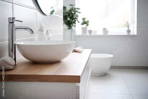 white sink and metal faucet as design elements of a bright modern bathroom with big window. Generative AI