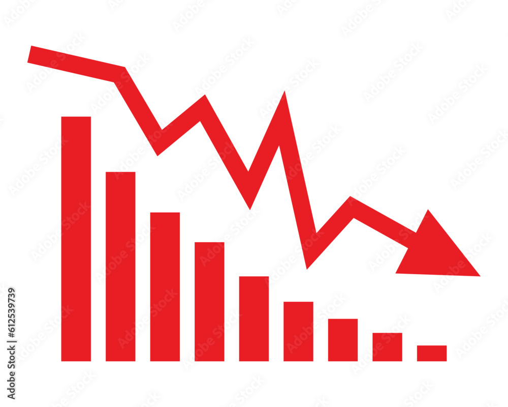 Red arrow going down stock icon on white background. Decrease, Bankruptcy, financial market crash icon for your web site design, logo, app, UI. graph chart downtrend symbol.chart going down sign. Red arrow going down stock icon on white background. Decrease, Bankruptcy, financial market crash icon for your web site design, logo, app, UI. graph chart downtrend symbol.chart going down sign.