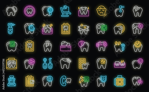 Toothache icons set outline vector. Tooth kid. Bad pain neon color on black