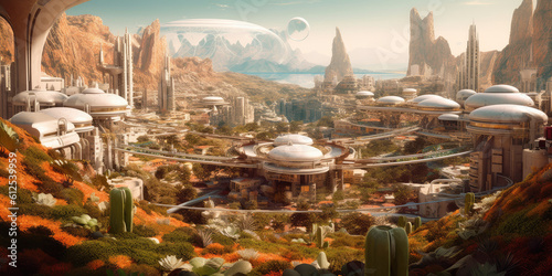 modern futuristic city on mars with plants photo