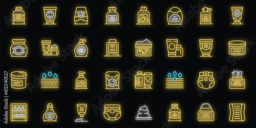 Diaper cream icons set outline vector. Children health. Treatment infection neon color on black