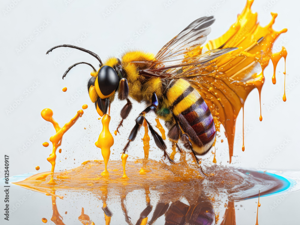 Naklejka premium A wasp or bee seen from the side against a background of honey or a thick orange substance. The concept of collecting honey and pollinating flowers by insects. Generative Ai, Ai.