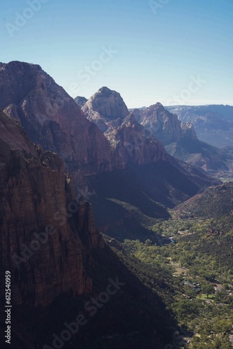 Vertical aerial view of the historic Zion National Park cliffs with the Angels Landing Trail