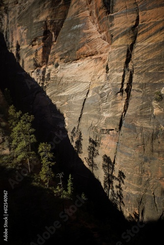 Vertical shot of the historic Zion National Park cliffs with the Angels Landing Trail