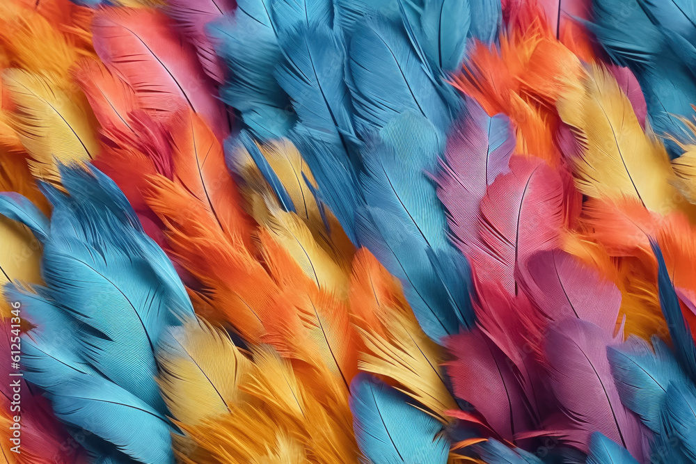 A backdrop of bird feathers in various colors creates an eye-catching display. Generative Ai, Ai. A backdrop of bird feathers in various colors creates an eye-catching display. Generative Ai, Ai.