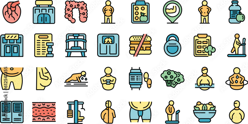 Fat man in the gym icons set outline vector. Obese diet. Sport loss weight thin line color flat on white