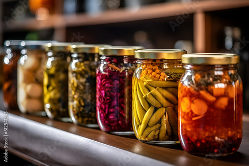 Autumn harvest in glass jars with metal lids, salted canned vegetables and fruits. Generative AI
