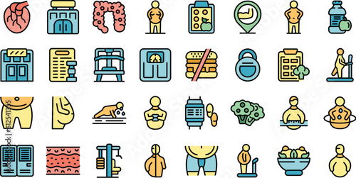 Fat man in the gym icons set outline vector. Obese diet. Sport loss weight thin line color flat on white