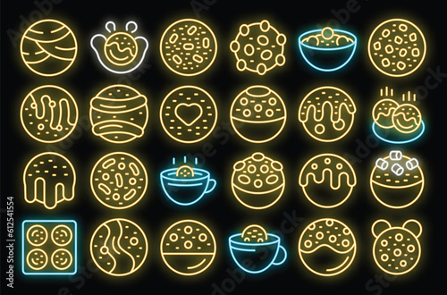 Cocoa bomb icons set outline vector. Food milk. Cake candy neon color on black