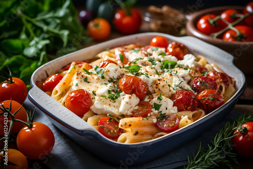 Oven baked homemade feta pasta, baked cherry tomatoes and feta cheese, preparing pasta. Easy recipe concept. Generative aI