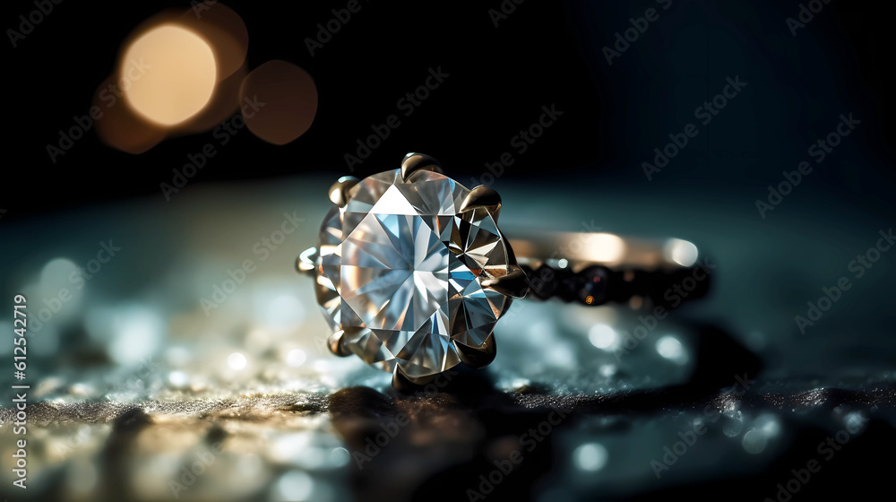 Beautiful jewelry ring with a diamond on a dark background, straight view. Beautiful jewelry ring with a diamond on a dark background, straight view.