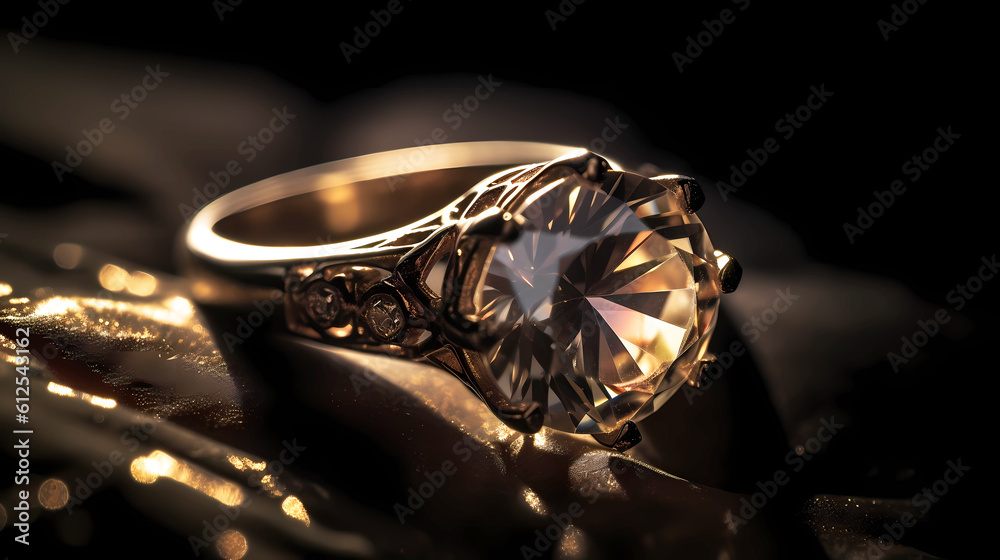Beautiful jewelry ring with a diamond on a dark background, straight view. Beautiful jewelry ring with a diamond on a dark background, straight view.