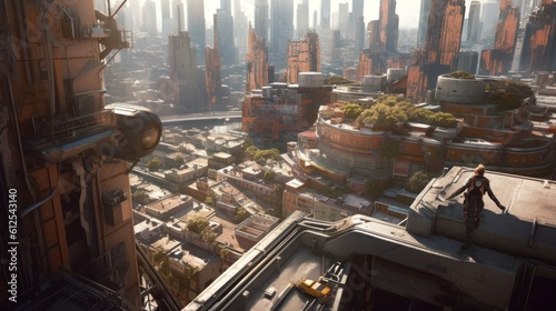 Rooftops of a sprawling cyberpunk city, showcasing characters leaping between buildings, navigating precarious structures, and evading surveillance drones