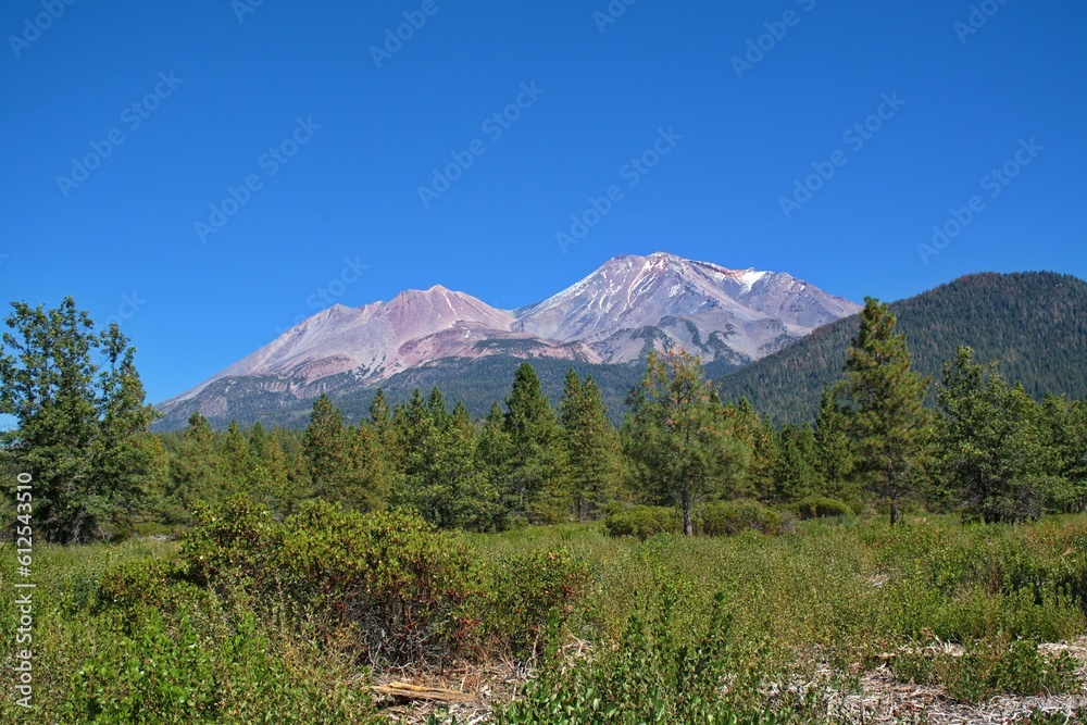 Fototapeta premium Beautiful view of the green valley with Mount Shasta in the background. California, USA.