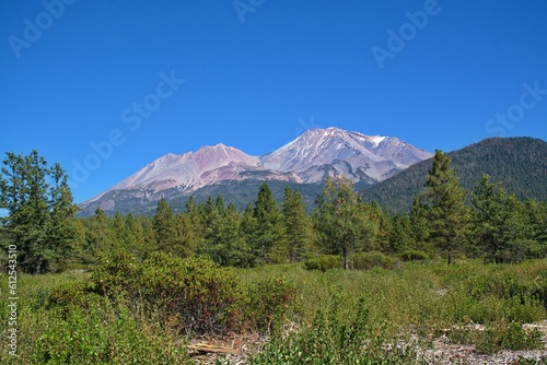 Beautiful view of the green valley with Mount Shasta in the background. California, USA.