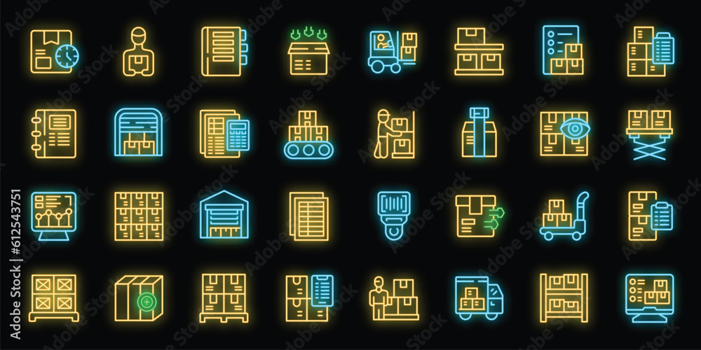 Storekeeper icons set outline vector. Worker wood. House inventory neon color on black Storekeeper icons set outline vector. Worker wood. House inventory neon color on black