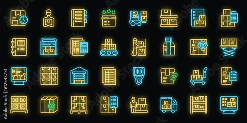 Storekeeper icons set outline vector. Worker wood. House inventory neon color on black