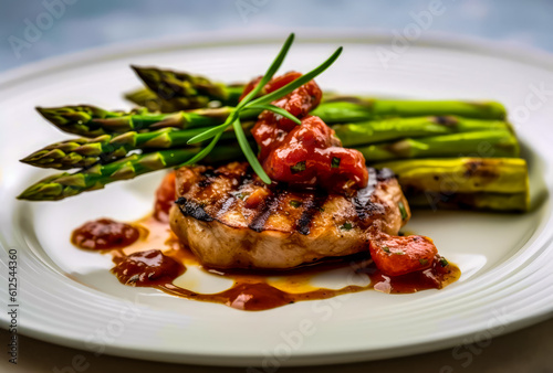 grilled asparagus with tomato and a grilled pork, close up, generative ai