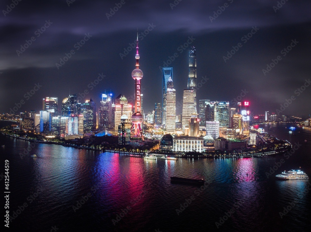 Amazing shot of The Bund or Waitan illuminated by lights at night in China, Shanghai