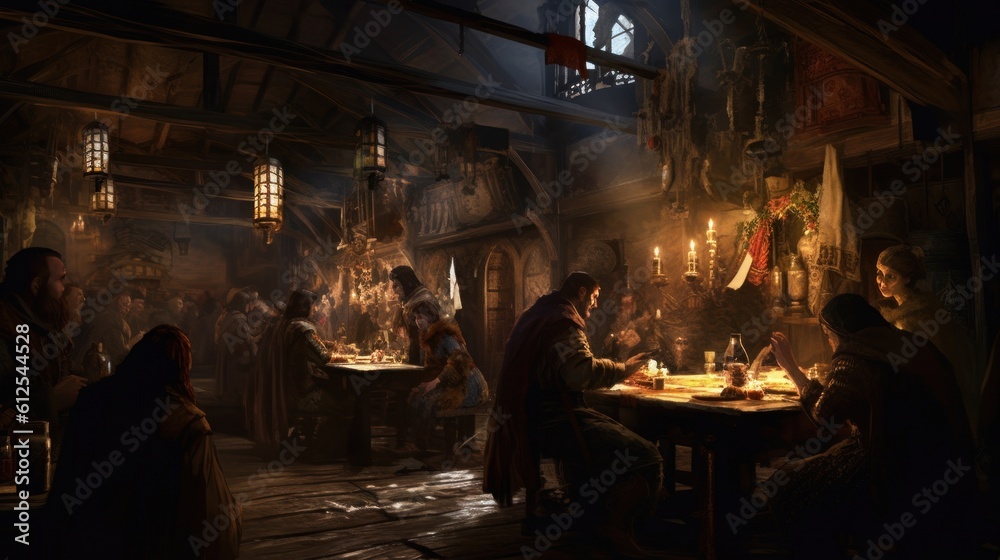 Secretive meeting taking place in a dimly lit corner of the tavern, with cloaked figures discussing clandestine affairs or plotting a quest