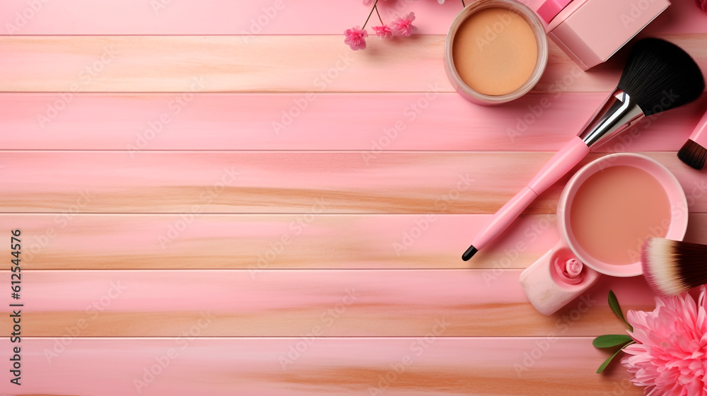 Naklejka premium makeup accessories on pink wooden table. Generative Ai. 