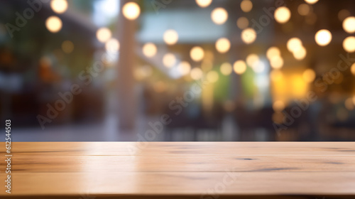 Empty wood table and blurred light table in shopping mall with bokeh background. product display template