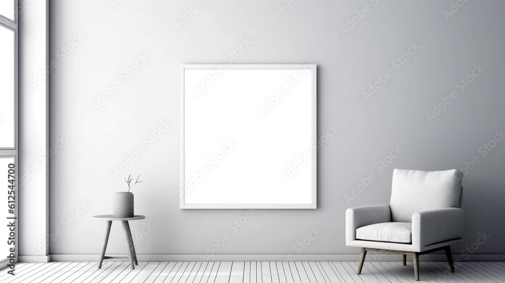minimalist interior with armchair and blank frame on white wall. Generative Ai. minimalist interior with armchair and blank frame on white wall. Generative Ai.