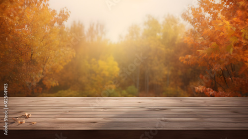 Empty wooden deck table with autumn background. Ready for product display montage