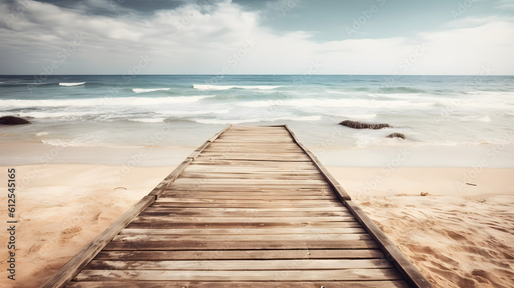 Fototapeta premium Empty wooden pier with view on sandy beach. Free space for text or product placement