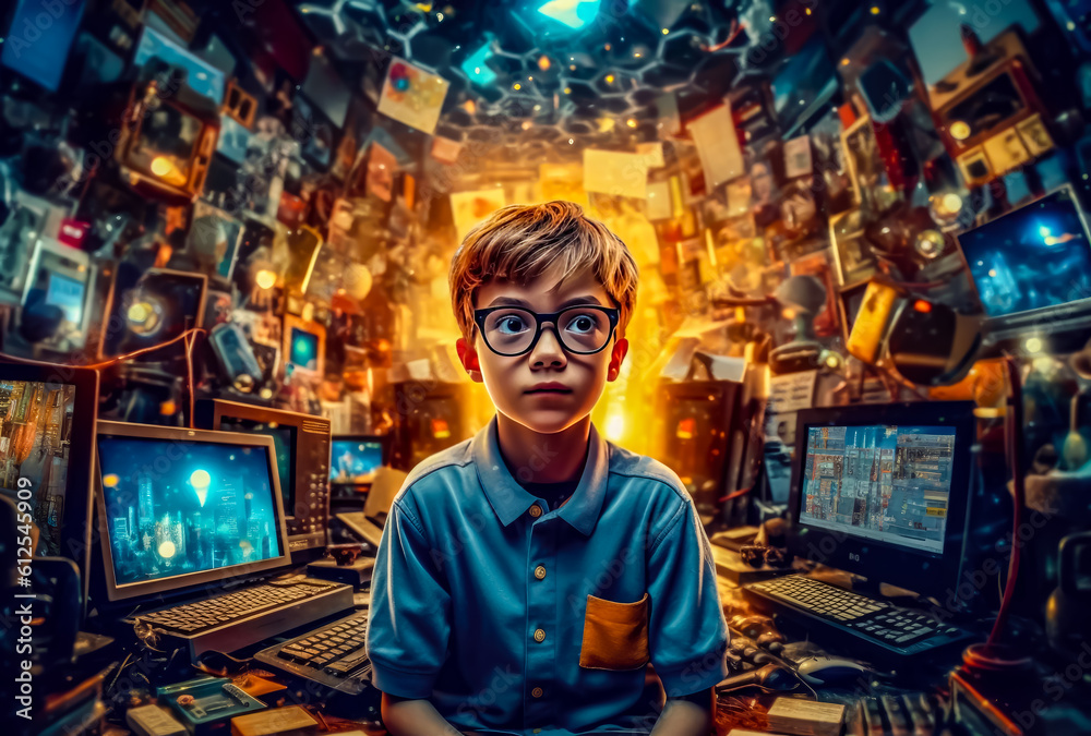 A child sitting in his room surrounded by a lot of technology, overwhelmed, overthinking, multitasking, generative ai
