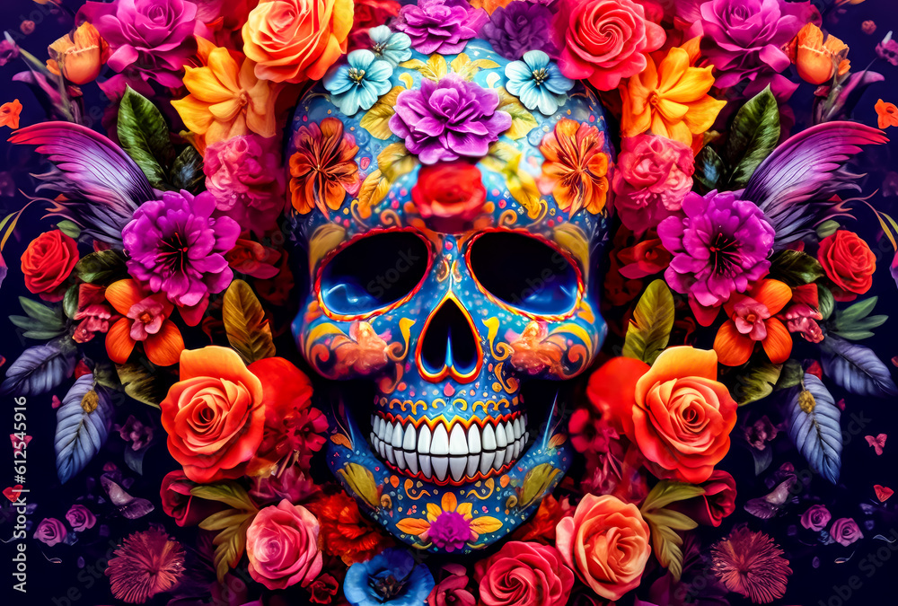 colorful skull design with traditional mexican style, generative ai