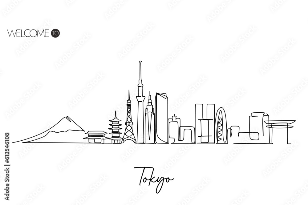 Vector illustration of a hand-drawn design of Tokyo city and text on a white background
