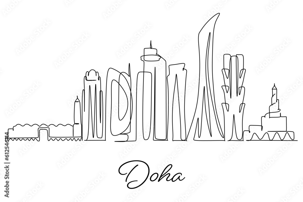 Vector illustration of a hand-drawn design of Doha city and text on a white background