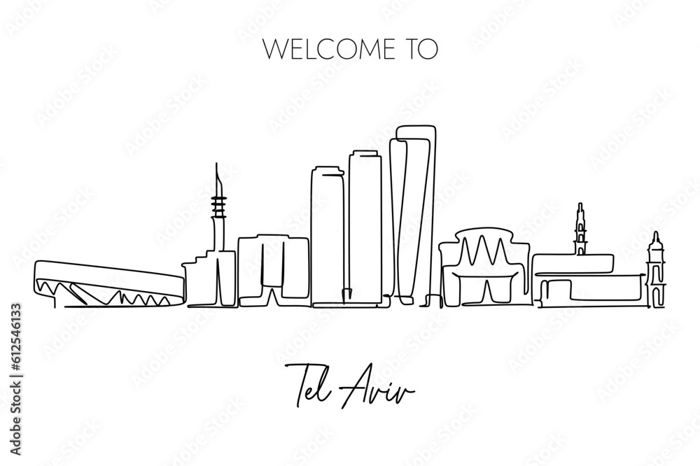 Continuous line drawing of the Tel Aviv skyline. Traveling to Israel