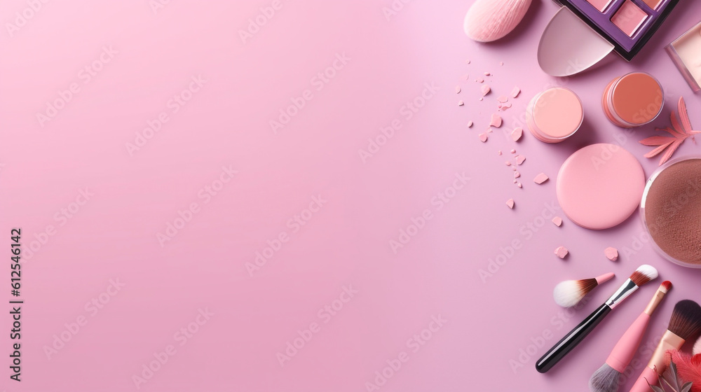 cosmetic set on a light pink background with empty space to insert. Generative Ai. cosmetic set on a light pink background with empty space to insert. Generative Ai.