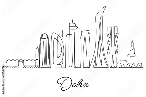 Vector illustration of a hand-drawn design of Doha city and text on a white background