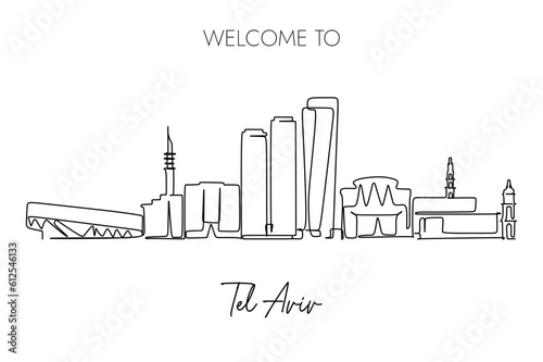 Continuous line drawing of the Tel Aviv skyline. Traveling to Israel