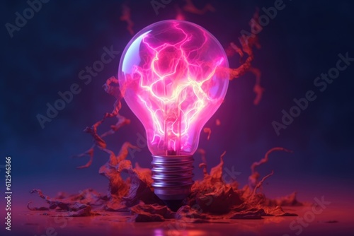 Colorful neon light bulb. Creativity concept. Concept or creative thinking and unique ideas. Generative Ai