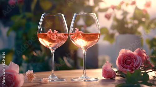 Two glasses of wine and roses on the table on a sunny day. Generative Ai. 